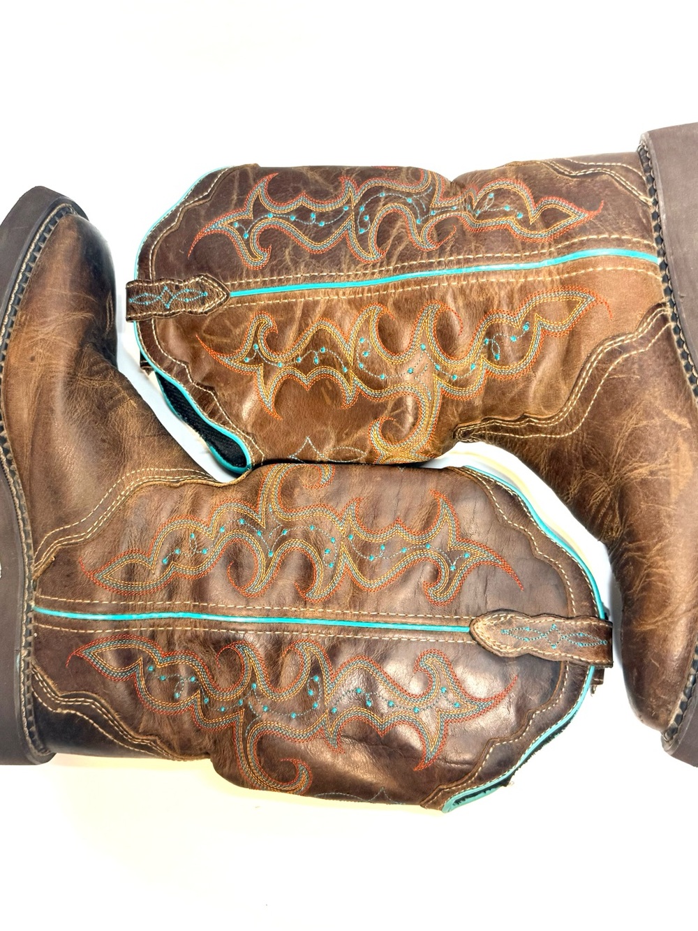Justin Boots Brown Leather Western Boots with Turquoise Stitching